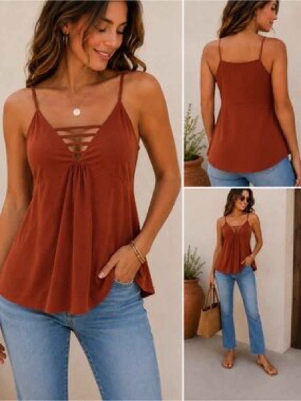 Venus Rust Color Pleaded Latter V-Neck Tank Top Size S